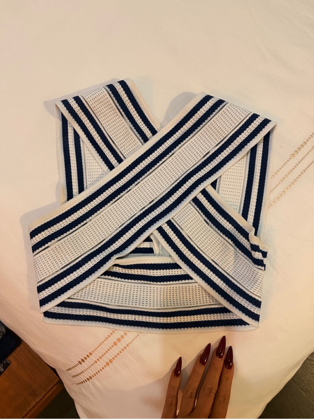 BALMAIN Striped Cross-Front Knit Crop Top - White & Navy GOLD ZIP Sz 34 36 - Picture 7 of 14